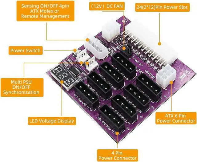 Main image of Breakout Board 4Pin and 6Pin Power Connector LED Display 12V Power Module for CHIA Mining for GPU Graphics Card Miner Mining