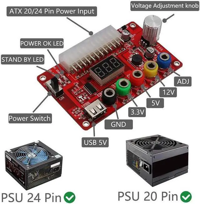 Alt view image 6 of 6 - 24Pin ATX Power Supply Breakout Board Acrylic Case Kit Module Adapter Power Connector Supports 3.3V/5V/12V 1.8V-10.8V Adjustable