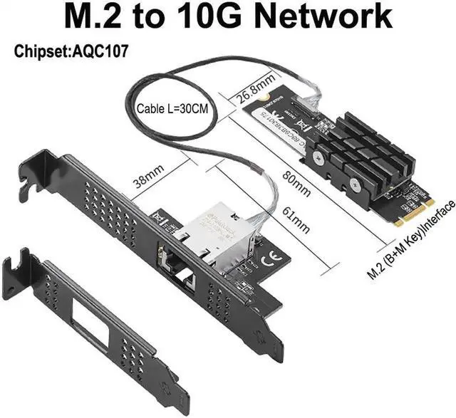 Main image of 10Gb Network Card B+M Key M.2 to RJ45 Gigabit Ethernet Network Adapter 10G/2.5G/1000M Internet NIC Lan Card Marvell AQC107 Chips
