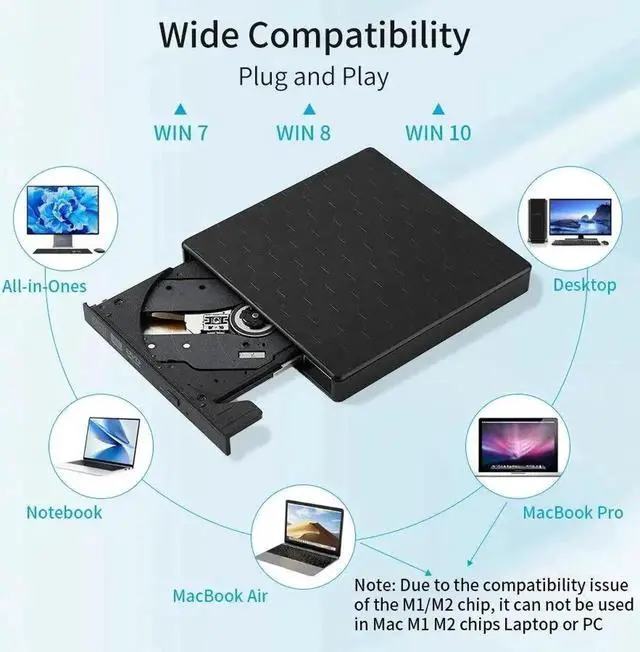 Alt view image 3 of 7 - External DVD Drive USB 3.0 Portable +/-RW Player for CD ROM Burner Compatible with Laptop Desktop PC Windows