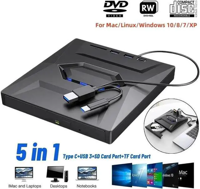 Alt view image 3 of 7 - 5 in 1 USB 3.0 Type C External CD DVD RW VCD Optical Drive with SD/TF Ports DVD Burner CD Writer Super Drive For Laptop Notebook