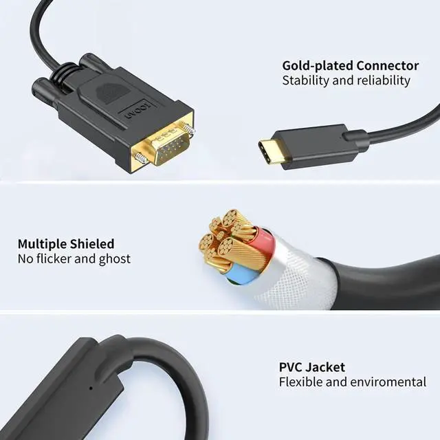 Alt view image 6 of 7 - USB-C to VGA Cable 1.8M (6Ft) Thunderbolt3 Type-C to VGA Cable Adapter Male-to-Male For Projector Monitor Laptop Smartphone