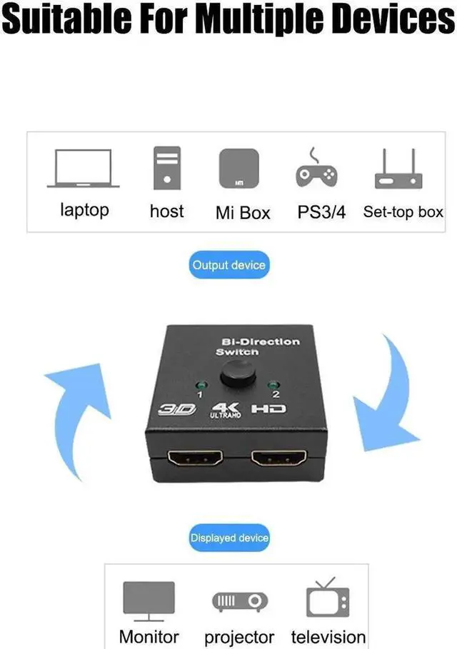 Alt view image 4 of 7 - 4K 2 Ports Bi-directional HDMI Switch 2 In 1 Out 3D HDR HDCP Splitter Switcher Supports Ultra For PS4 Xbox HDTV Switcher Adapter