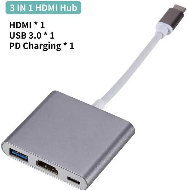 Main image of USB C To HDMI VGA Adapter Type-C Digital AV Multiport Adapter Thunderbolt 3 Converter To 4K 1080P Fast Charging Port Grey 3 Ports