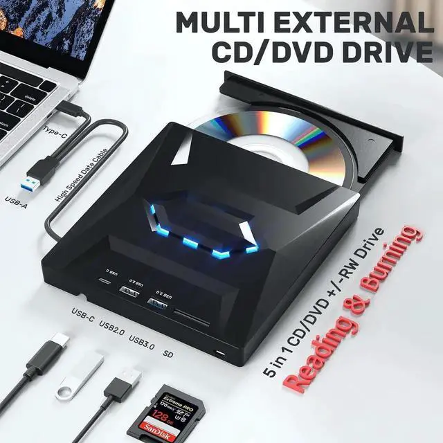 Alt view image 7 of 7 - External CD DVD Drive, USB C USB 3.0 Portable CD/DVD +/-RW Drive/DVD Player with SD Card Reader USB 3.0 USB C Hub CD ROM Burner Compatible with Laptop Desktop PC Windows Linux MacOS (Black)