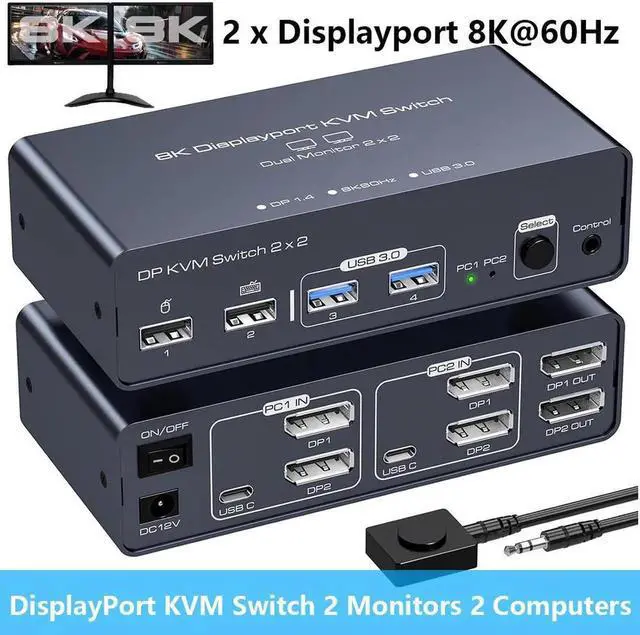 Main image of DisplayPort KVM Switch 2 Monitors 2 Computers 8K@60HZ 4K@120Hz, Aluminum KVM Switch, Dual Monitor DP KVM Switcher 2 Monitors for 2 Computers Sharing 4 USB Devices with Desktop Controller