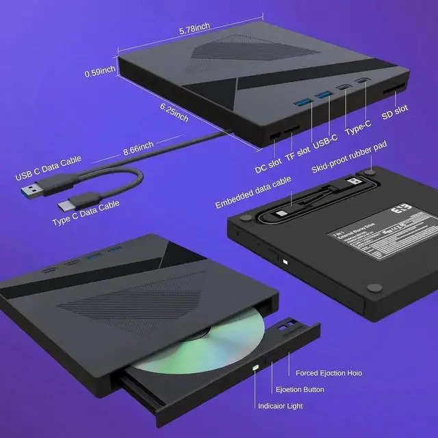 Alt view image 2 of 7 - [7 in 1] External DVD CD Drive, USB 3.0 & Type-C Portable CD/DVD +/-RW Disk Drive, CD/DVD Burner, CD ROM, DVD Player External Optical Drive for Laptop Desktop Windows 7/8/10/XP Linux/Vista/Mac