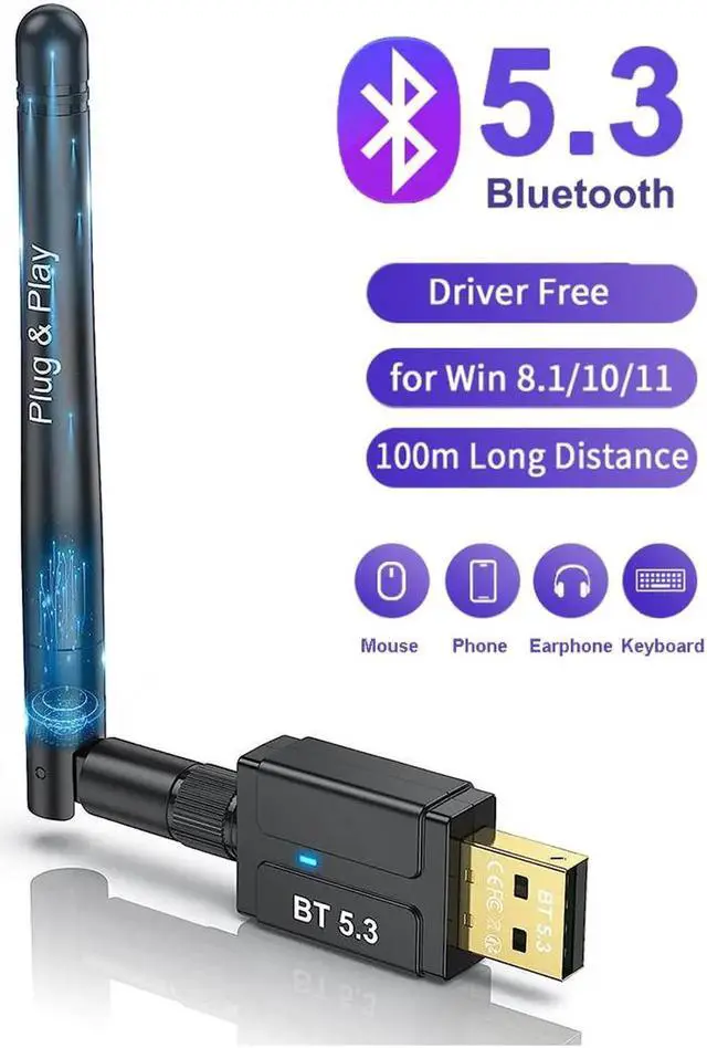 Main image of USB Bluetooth Adapter for PC, Plug and Play Bluetooth 5.3 Dongle, 328FT/100M Long Distance Wireless Transfer USB Bluetooth 5.3 Adapter for Desktop Laptop PC with Windows 11/10/8.1 (Black)