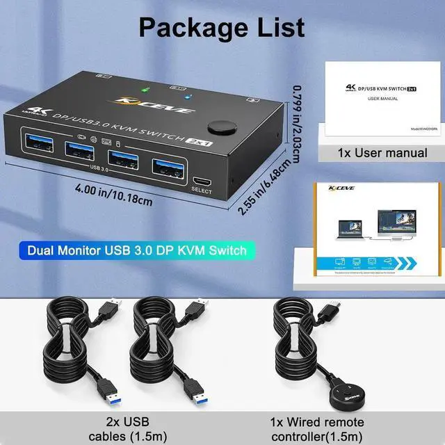 Alt view image 7 of 7 - Displayport KVM Switch 2 Computers 1 Monitor, USB 3.0 KVM Switch Displayport 8K@30Hz 4K@144Hz, DP KVM Switch 2 PC 1 Monitor Share 4 USB 3.0 Devices Keyboard Mouse Monitor, with Wired Remote