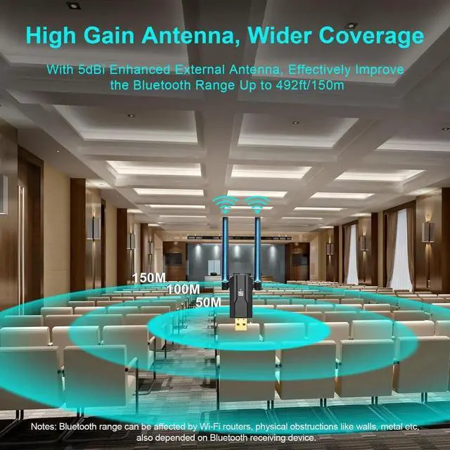 Alt view image 2 of 6 - USB Bluetooth 5.4 Adapter for PC Laptop, Long Range 492FT/150M Wireless Dongle Adaptor for Windows 11 10 8.1 7 Desktop, Plug and Play Bluetooth Mouse Keyboard Headphones Speaker Game Controller