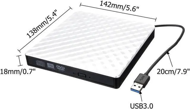 Main image of External DVD CD Driver, USB 3.0 Portable Slim Burner DVD+/-RW Writer Plug and Play DVD/CD-ROM Rewriter CD Player for PC Laptop, Notebook, Desktop Supports Mac OS, Windows 10/8/7/XP/Vista (White)