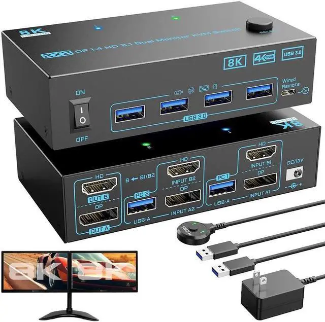 Main image of 8K Displayport 1.4 + HDMI 2.1 Dual Monitor KVM Switch 2 Monitors 2 Computers, 2 in 2 Out 2 Ports HDMI + DP KVM Switches Support 8K@60Hz/4K@144Hz for 2 PCs Share 2 Screens and 4 USB 3.0 Devices
Limited