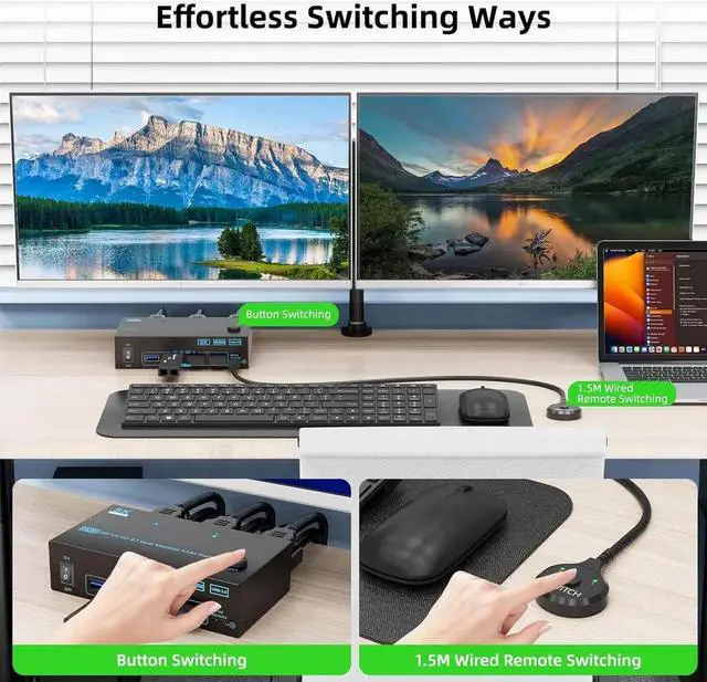 Alt view image 5 of 7 - 8K Displayport 1.4 + HDMI 2.1 Dual Monitor KVM Switch 2 Monitors 2 Computers, 2 in 2 Out 2 Ports HDMI + DP KVM Switches Support 8K@60Hz/4K@144Hz for 2 PCs Share 2 Screens and 4 USB 3.0 Devices
Limited