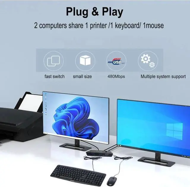 Alt view image 7 of 7 - USB Switch 2 in 4 Out, USB Switcher Selector 2 Port for 2 Computer Share 4 USB Device Keyboard Mouse Printer Scanner U Disk, USB 2.0 switcher Compatible with Windows, Linux etc.