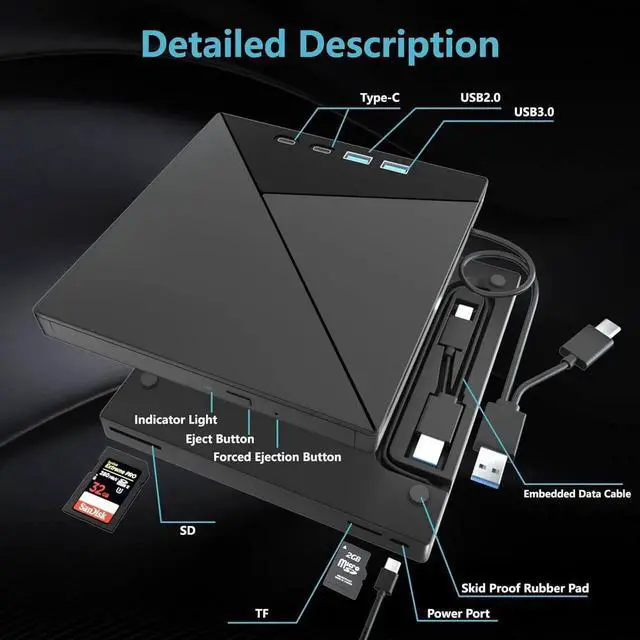 Alt view image 6 of 7 - 7 in 1 External Blu Ray Drive, 4K Blu Ray CD/DVD Burner with USB 3.0 Type-C Portable Blu-Ray Drive, 3D BD Player with 4 USB and SD/TF Ports, Optical Drive Compatible with Windows Linux MacOS