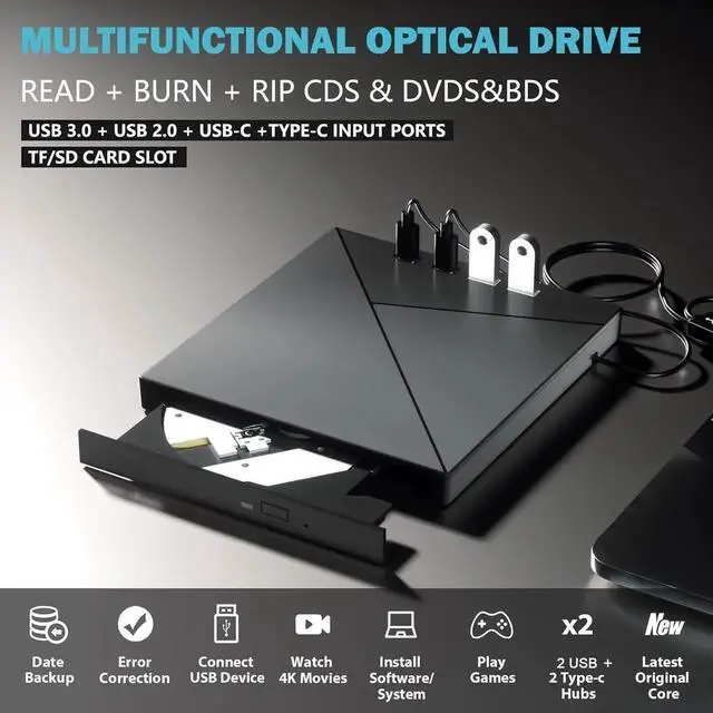 Alt view image 5 of 7 - 7 in 1 External Blu Ray Drive, 4K Blu Ray CD/DVD Burner with USB 3.0 Type-C Portable Blu-Ray Drive, 3D BD Player with 4 USB and SD/TF Ports, Optical Drive Compatible with Windows Linux MacOS