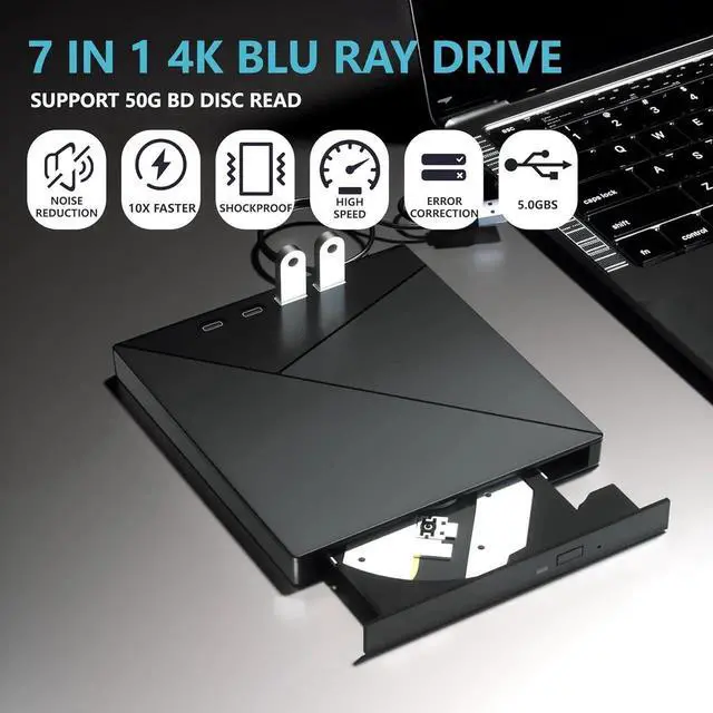 Alt view image 4 of 7 - 7 in 1 External Blu Ray Drive, 4K Blu Ray CD/DVD Burner with USB 3.0 Type-C Portable Blu-Ray Drive, 3D BD Player with 4 USB and SD/TF Ports, Optical Drive Compatible with Windows Linux MacOS