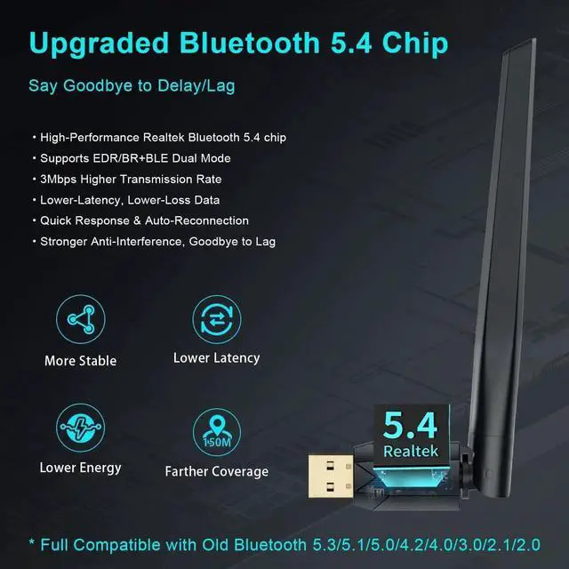Alt view image 6 of 7 - 150M Long Range USB Bluetooth 5.4 Adapter for PC, Wireless Dongle Enhanced Antenna for Laptop Desktop PC Windows 11 10 8.1 7, Plug and Play Bluetooth Headphones Headset Speaker Mice Keyboard