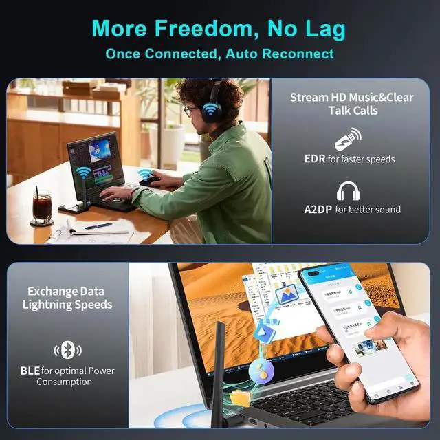 Alt view image 7 of 7 - 150M Long Range USB Bluetooth 5.4 Adapter for PC, Wireless Dongle Enhanced Antenna for Laptop Desktop PC Windows 11 10 8.1 7, Plug and Play Bluetooth Headphones Headset Speaker Mice Keyboard