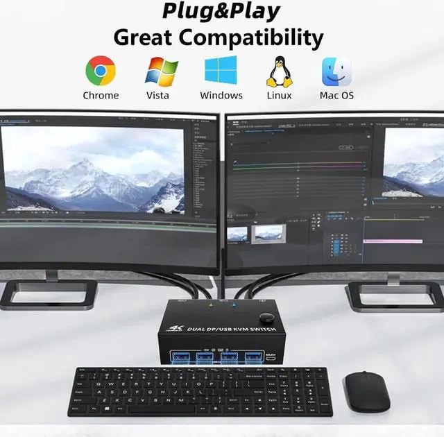 Alt view image 2 of 7 - USB 3.0 Displayport KVM Switch 2 PC 2 Monitors, KVM Switch 8K@30Hz 4K@144Hz,Dual Monitor KVM Switch Displayport 1.4 for 2 PC Share Wireless Keyboard,Mouse, Printer, with 2 USB 3.0 and DP Cables