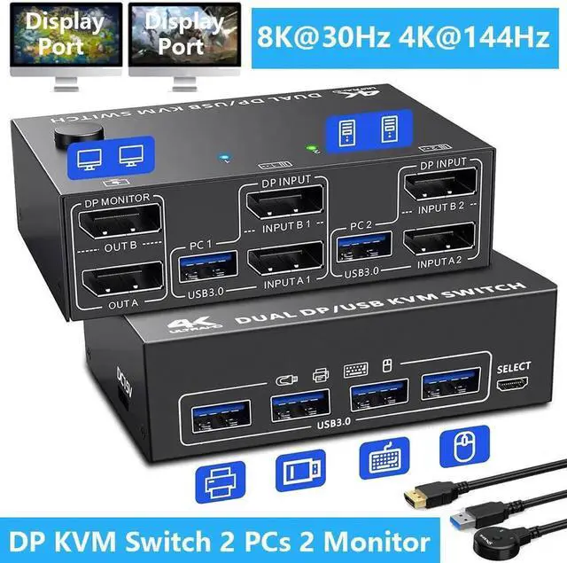 Main image of USB 3.0 Displayport KVM Switch 2 PC 2 Monitors, KVM Switch 8K@30Hz 4K@144Hz,Dual Monitor KVM Switch Displayport 1.4 for 2 PC Share Wireless Keyboard,Mouse, Printer, with 2 USB 3.0 and DP Cables