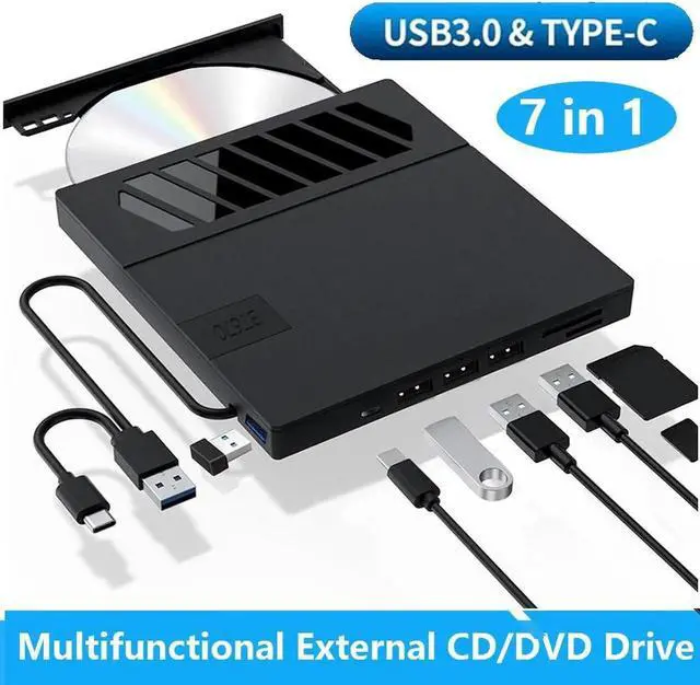 Main image of External CD DVD Drive, 7 in 1 USB 3.0 Type-C DVD Drive, Portable External DVD Burner, External CD/DVD Optical Drive with SD/TF Card Reader & 4 USB A Ports for Linux/Mac OS/Windows 7/8/10/11