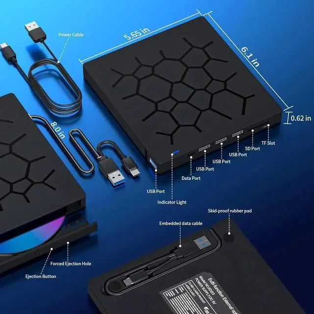 Alt view image 5 of 7 - External CD/DVD Drive for Laptop, 7 IN 1 USB 3.0 Type C Portable DVD Player, CD ROM Burner Writer, External Disk Drive, Optical Drive Compatible with Laptop, PC, MacBook, Windows, Mac, Linux OS