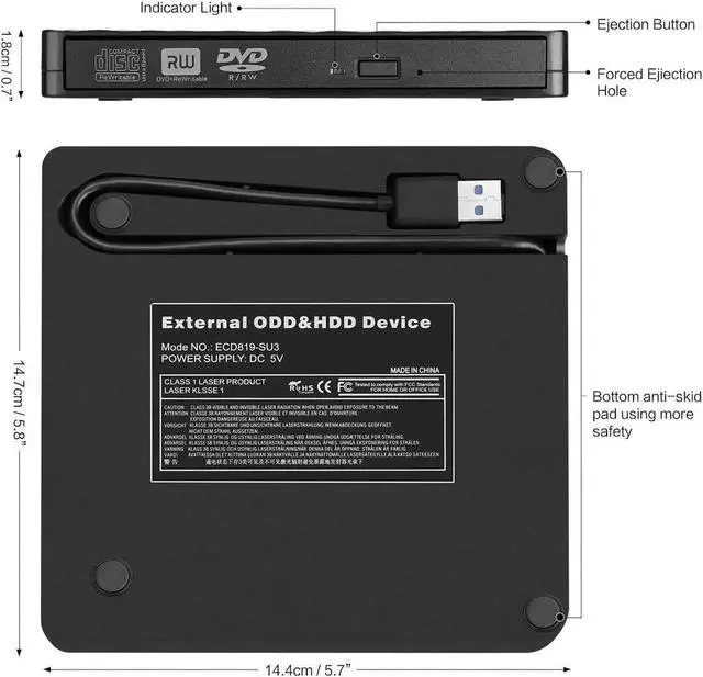 Alt view image 6 of 7 - CD DVD Drive, USB 3.0 Portable CD/DVD +/-RW Drive Slim Optical Burner Writer Rewriter, High Speed Data Transfer for Laptop Notebook Desktop PC MAC OS Windows 7/8/10 (Black)