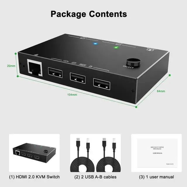 Alt view image 4 of 7 - 2 Port HDMI KVM Switch 2 PC 1 Monitor 4K@60Hz 2K@144Hz, 2 in 1 Out HDMI KVM Switch with Ethernet and 4 USB 2.0 ports for 2 PC Sharing 1 Monitor and keyboard, mouse, printer, U disk, with 2 USB cables