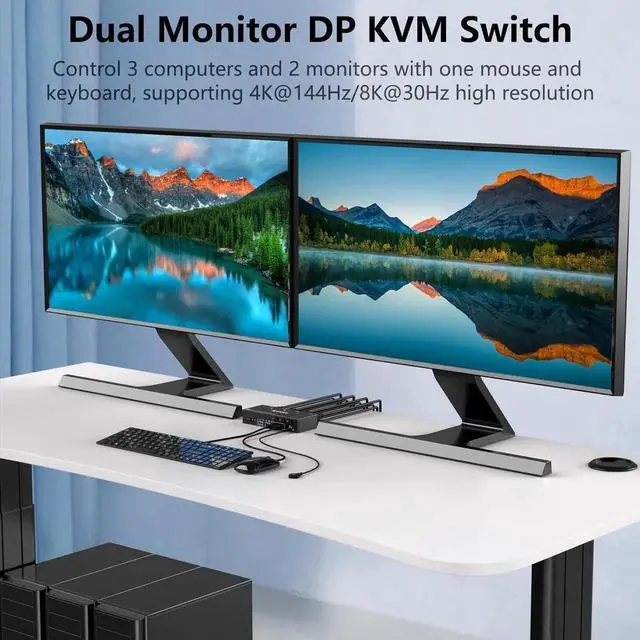 Alt view image 6 of 7 - USB 3.0 Displayport KVM Switch 3 PC 2 Monitors 4K@144Hz 8K@30Hz, Dual Monitor KVM Switch 3 in 2 Out with DisplayPort 1.4 and 4 USB 3.0 Ports for 2 PC/Laptops, with DP+USB Cable and Desktop Controller