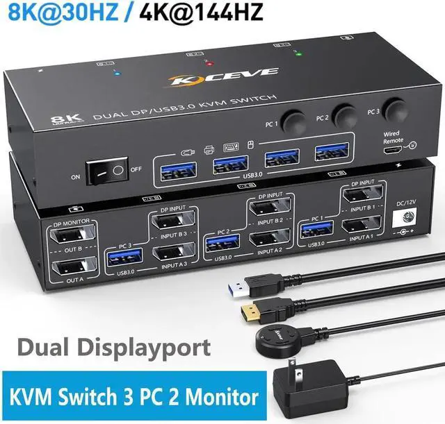 Main image of USB 3.0 Displayport KVM Switch 3 PC 2 Monitors 4K@144Hz 8K@30Hz, Dual Monitor KVM Switch 3 in 2 Out with DisplayPort 1.4 and 4 USB 3.0 Ports for 2 PC/Laptops, with DP+USB Cable and Desktop Controller