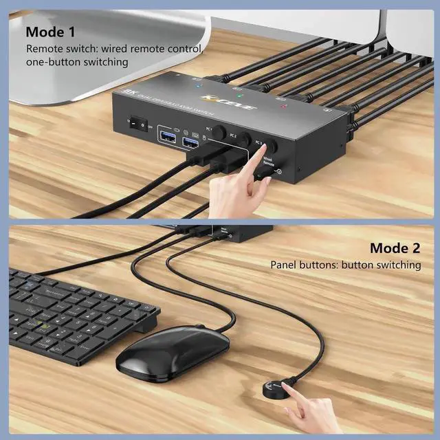 Alt view image 3 of 7 - USB 3.0 Displayport KVM Switch 3 PC 2 Monitors 4K@144Hz 8K@30Hz, Dual Monitor KVM Switch 3 in 2 Out with DisplayPort 1.4 and 4 USB 3.0 Ports for 2 PC/Laptops, with DP+USB Cable and Desktop Controller