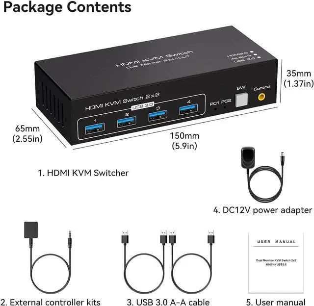 Alt view image 7 of 7 - 2 Port HDMI Dual Monitor KVM Switch 2 Monitors 2 Computers 4K@60Hz, USB 3.0 KVM Switches for 2 PC or Laptops Share 1 Set of Keyboard Mouse Printer and Scanner Support Extended & Duplicate Mode