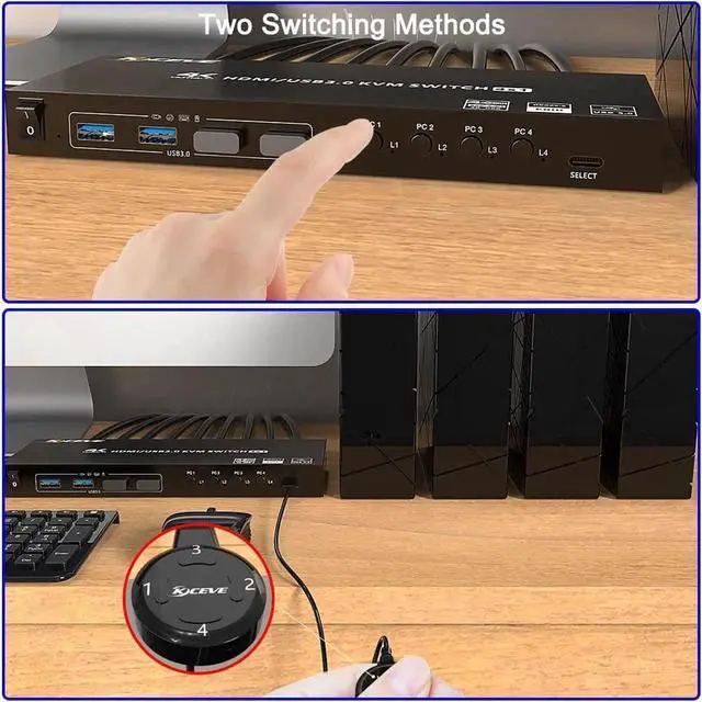 Alt view image 6 of 7 - USB 3.0 KVM Switch HDMI 4 Port, Support 4K @60Hz RGB 4:4:4, USB Hub HDR EDID HDMI USB KVM Switch 4 in 1out and 4 USB 3.0 Port for Keyboard Mouse Printer,with Controller, USB 3.0 Cables and HDMI-Cable