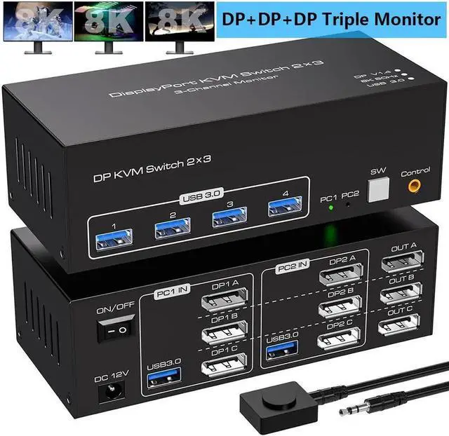 Main image of 8K KVM Switch 3 Monitors 2 Computers, Displayport 4K@144Hz USB 3.0 KVM Switches DP 1.4 Triple Monitor Switch for 2 PCs with 4 USB Ports Support Extended & Copy Mode, Wired Controller Included