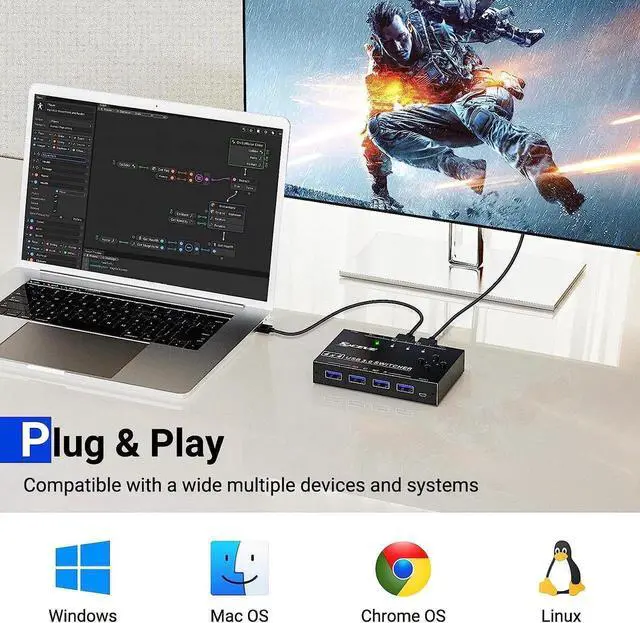 Alt view image 4 of 7 - 4x4 USB 3.0 Switch, 4 Port USB Switch Selector for 4 Computers Sharing 4 USB Devices, Keyboard Mouse Switch, USB Switcher Compatible with Mac/Windows/Linux,Wired Remote and 4 USB 3.0 Cable Included