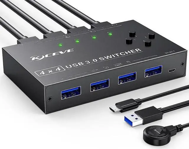 Main image of 4x4 USB 3.0 Switch, 4 Port USB Switch Selector for 4 Computers Sharing 4 USB Devices, Keyboard Mouse Switch, USB Switcher Compatible with Mac/Windows/Linux,Wired Remote and 4 USB 3.0 Cable Included