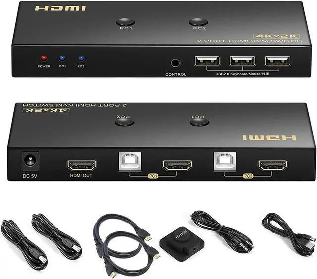 Main image of KVM Switch HDMI 2 Port 4K @60Hz, 2x1 HDMI KVM Switch for 2 Computers Sharing 1 Monitor and 3 USB Devices, with Extension Control Switch and 2 USB Cable & 2 HDMI Cable