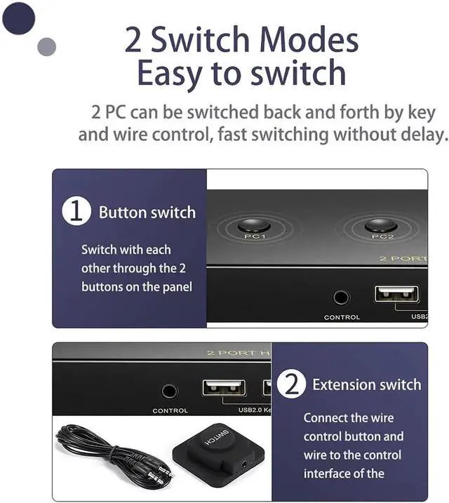 Alt view image 7 of 7 - KVM Switch HDMI 2 Port 4K @60Hz, 2x1 HDMI KVM Switch for 2 Computers Sharing 1 Monitor and 3 USB Devices, with Extension Control Switch and 2 USB Cable & 2 HDMI Cable