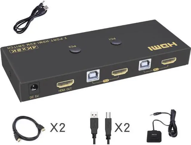 Alt view image 2 of 7 - KVM Switch HDMI 2 Port 4K @60Hz, 2x1 HDMI KVM Switch for 2 Computers Sharing 1 Monitor and 3 USB Devices, with Extension Control Switch and 2 USB Cable & 2 HDMI Cable