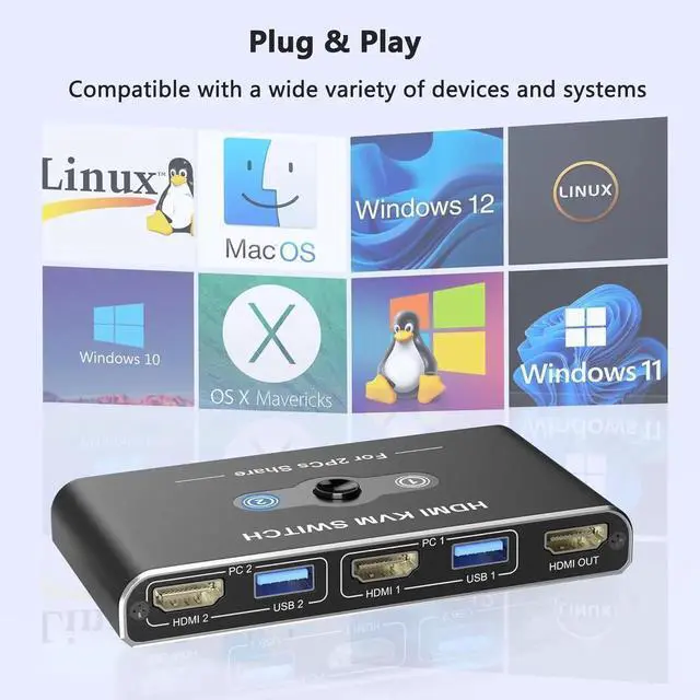 Alt view image 7 of 7 - USB HDMI KVM Switch with 4K@60Hz, 2 Port HDMI KVM Switches With 4 USB 3.0 Data Ports, KVM Switch 2 PC 1 Monitor Share Mouse, Keyboard, Printer, Include 2 HDMI cables,2 USB cable, 1 USB-C Cable