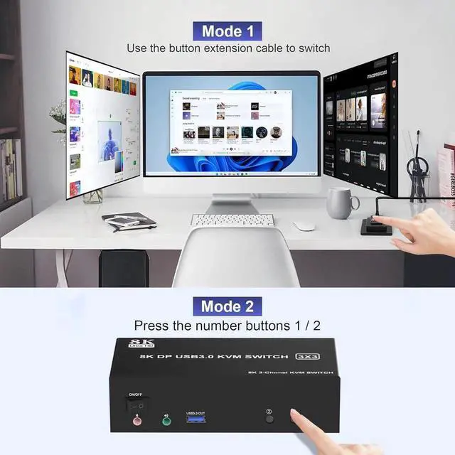 Alt view image 5 of 7 - 8K@60Hz Displayport KVM Switch Triple Monitor for 2 Computer, USB 3.0 DP KVM Switch 3 Monitors 2 Computers with Audio and 3 USB 3.0 Ports, Displayport KVM Triple Monitor Keyboard Mouse Switcher