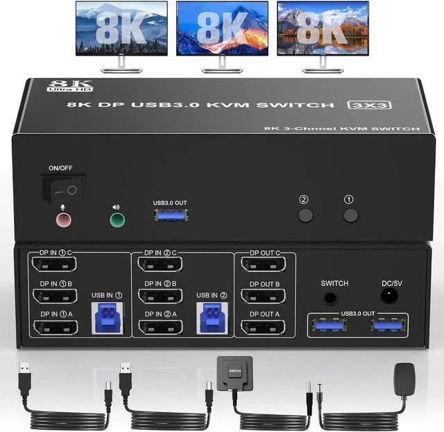 Main image of 8K@60Hz Displayport KVM Switch Triple Monitor for 2 Computer, USB 3.0 DP KVM Switch 3 Monitors 2 Computers with Audio and 3 USB 3.0 Ports, Displayport KVM Triple Monitor Keyboard Mouse Switcher