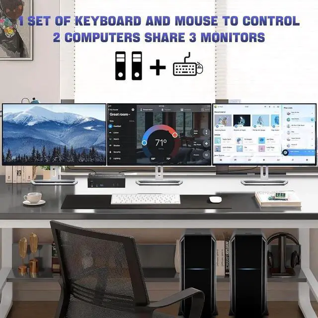 Alt view image 6 of 7 - 8K@60Hz Displayport KVM Switch Triple Monitor for 2 Computer, USB 3.0 DP KVM Switch 3 Monitors 2 Computers with Audio and 3 USB 3.0 Ports, Displayport KVM Triple Monitor Keyboard Mouse Switcher