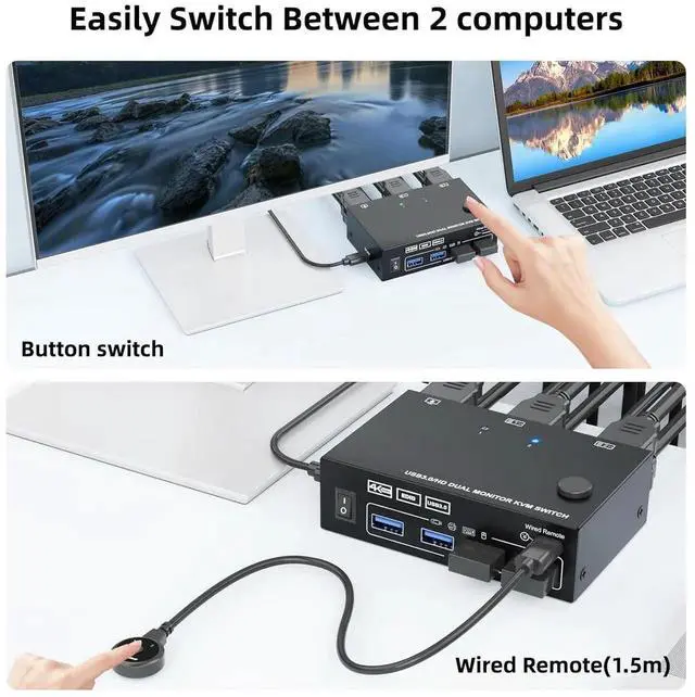 Alt view image 5 of 7 - Dual HDMI KVM Switch 2 Monitors 2 Computers 4K@60Hz 2K@144Hz, EDID Simulation, Dual Monitor KVM Switch with 4 USB 3.0 Port for Keyboard Mouse, 2 Monitors HDMI2.1 KVM Switches with Wired Remote
