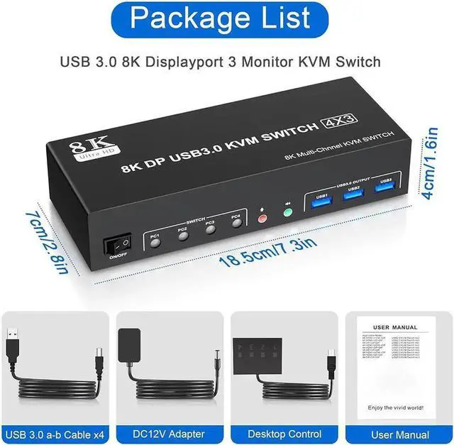 Alt view image 4 of 7 - Displayport KVM Switch 3 Monitors 4 Computer, DP1.4 Triple Monitor KVM Switch 4 in 3 Out with Audio Microphone Output and 3 USB 3.0 Port, KVM Triple Monitor Keyboard Mouse Switcher for 4PC