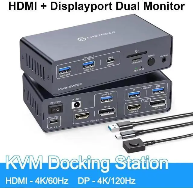 Main image of KVM Switch 2 Monitors 2 Computers USB C Docking Station with 4K60Hz HDMI and 4K120Hz DP KVM Switch Dual Monitor 10Gbps USB C+USB A 3.2 5Gbps USB 3.0 and SD/microSD Card Slots for Laptop&Desktop