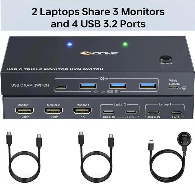 Main image of USB C KVM Switch 3 Monitors 2 Laptops 4K 1080P@60Hz,USB-C Docking Station Triple Monitor KVM Switches with 4 USB 3.2 Ports,10Gbps 80W PD Charging,For Windows and Mac OS,Driver Installation is Required
