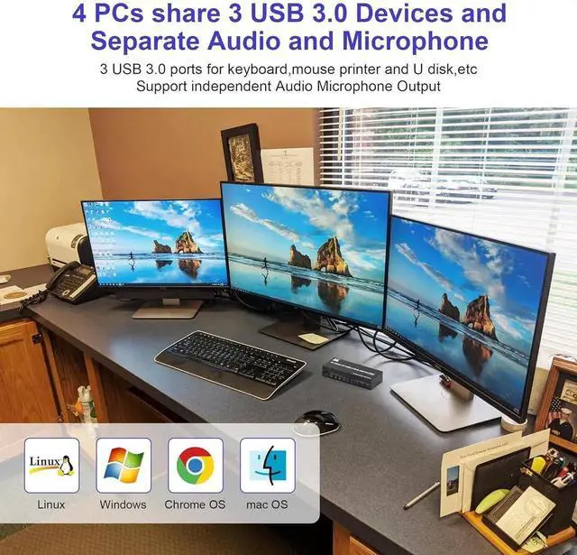 Alt view image 4 of 7 - 8K@60Hz KVM Switch 3 Monitors 4 Computers 4K@144Hz, 2 DisplayPort +1 HDMI KVM Switch Triple Monitor for 4 Computer with Audio and 3 USB 3.0 Ports, 3 Monitor KVM Switches Keyboard Mouse Switcher