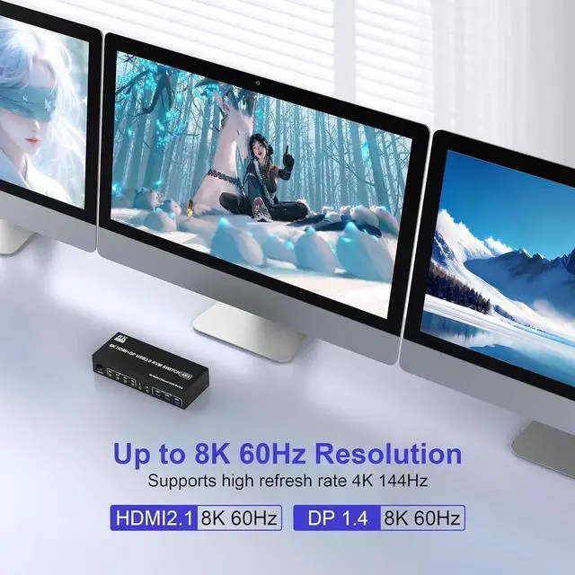 Alt view image 3 of 7 - 8K@60Hz KVM Switch 3 Monitors 4 Computers 4K@144Hz, 2 DisplayPort +1 HDMI KVM Switch Triple Monitor for 4 Computer with Audio and 3 USB 3.0 Ports, 3 Monitor KVM Switches Keyboard Mouse Switcher